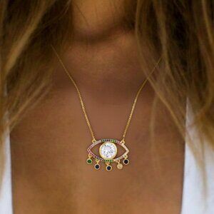 18K Gold Plated Multicolor Turkish Eye Necklace Trandy Jewelry